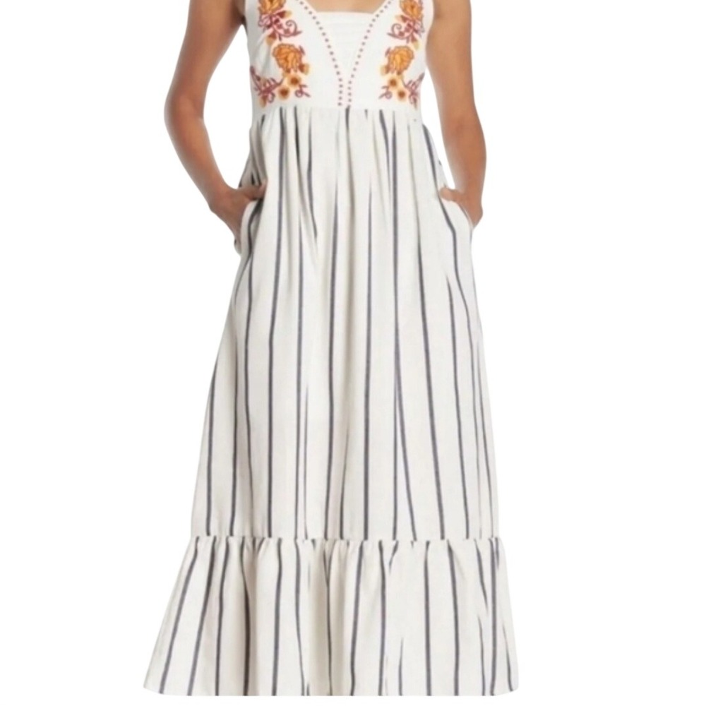 Mello Day Boho Cotton Embroidered Floral Striped Maxi Dress Cream Sz M